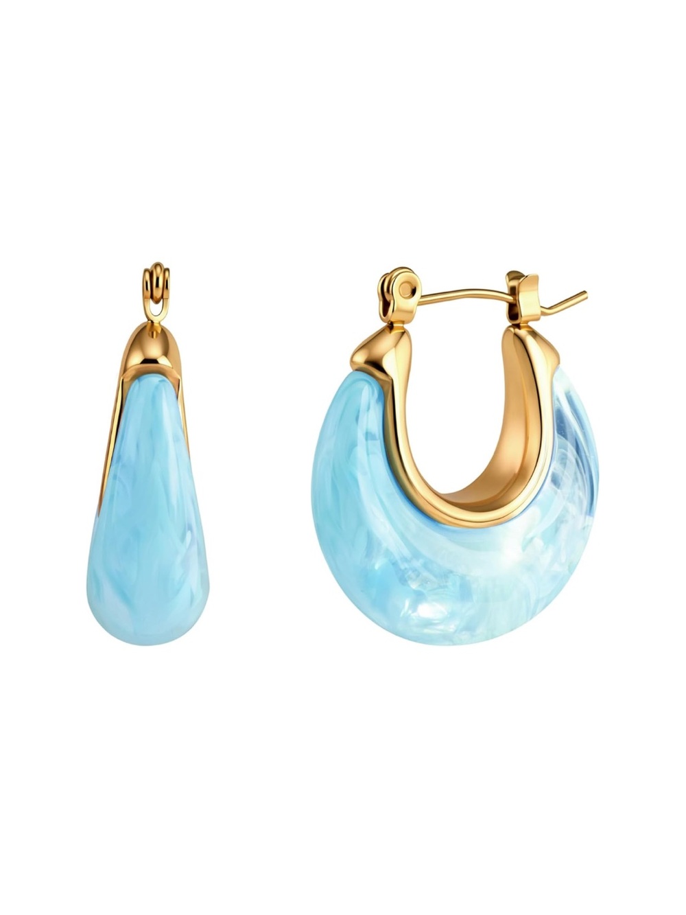 Chunky Gold Blue Resin Dangle Drop Hoop Earrings